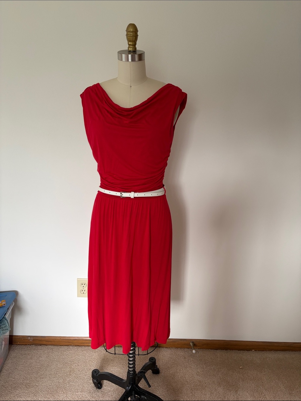 Gilli Red Cowl Neck Midi Dress with White Belt